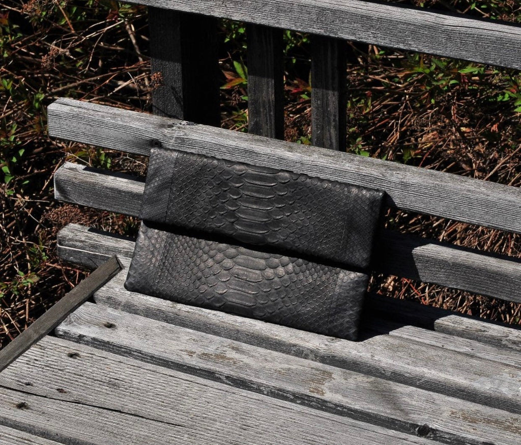 Genuine Python Skin Envelope Clutch — Black