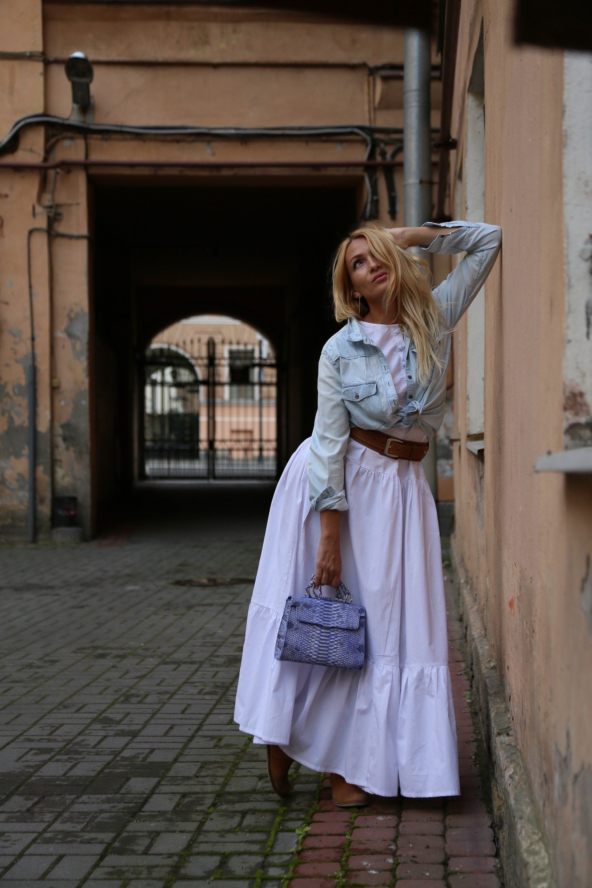 Genuine Python Skin Crossbody Handle Bag — Light Blue