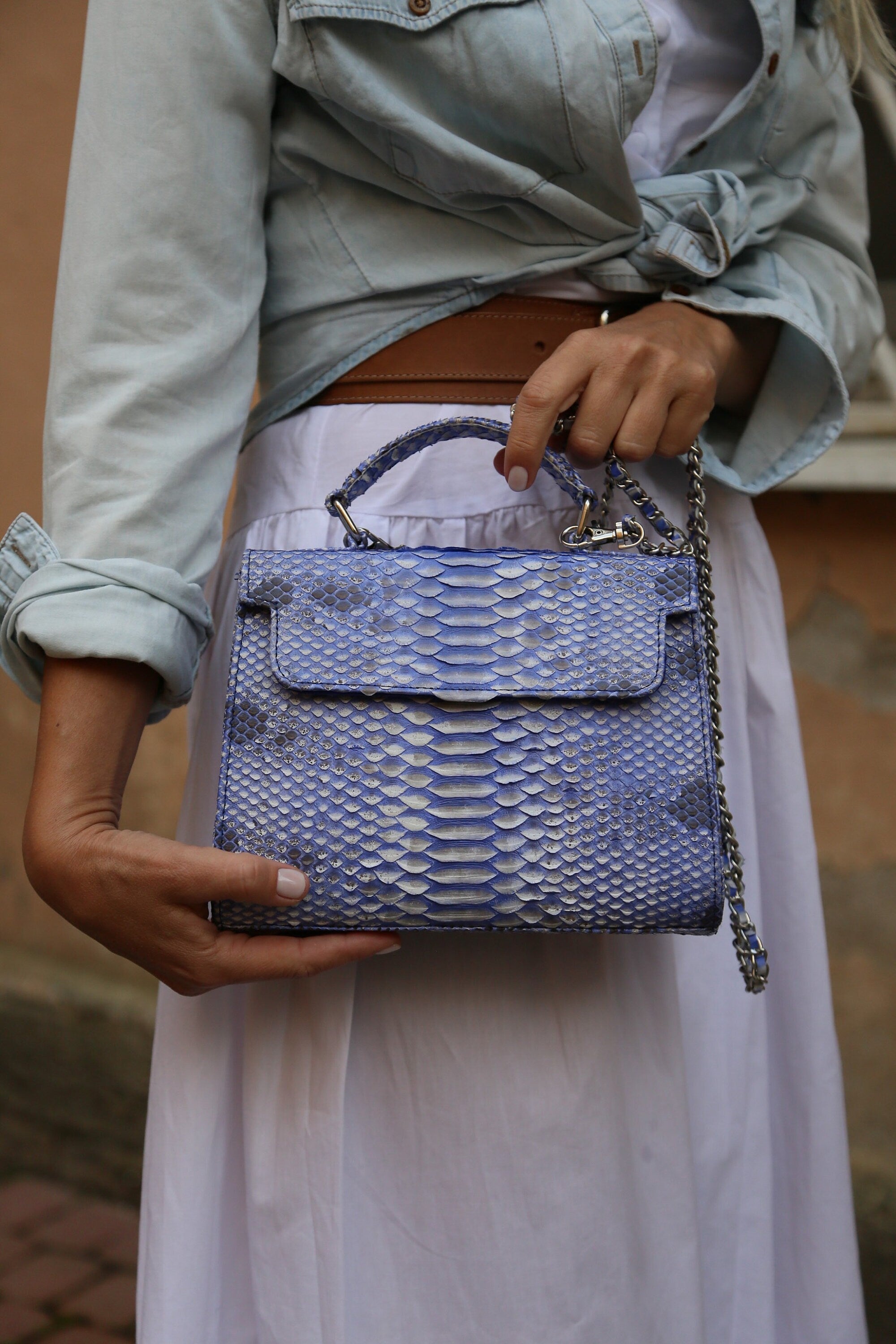 Genuine Python Skin Crossbody Handle Bag — Light Blue