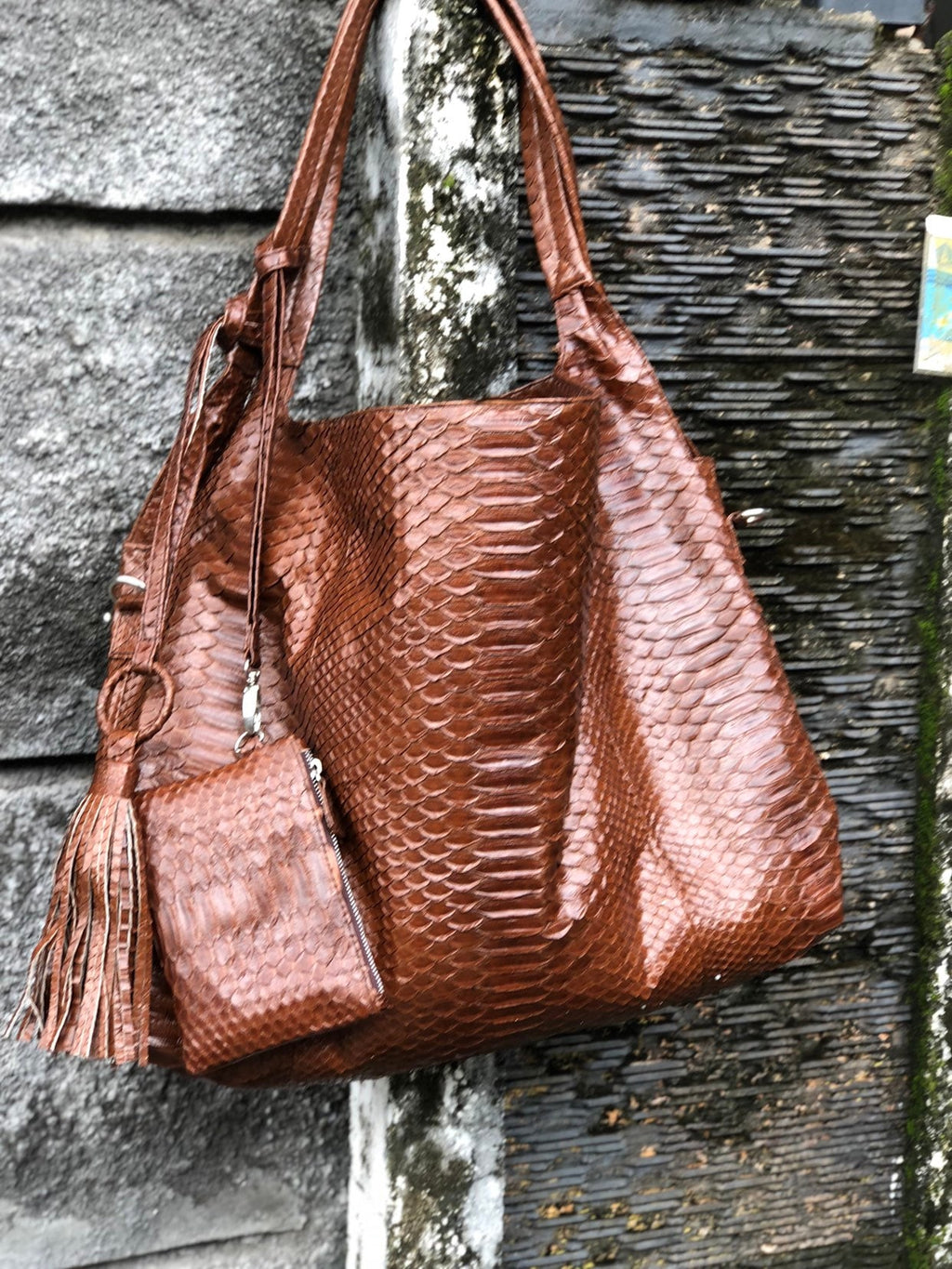 Big Soft Hobo Genuine Python Skin Polished Brown Bag — Red