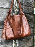 Big Soft Hobo Genuine Python Skin Polished Brown Bag — Red