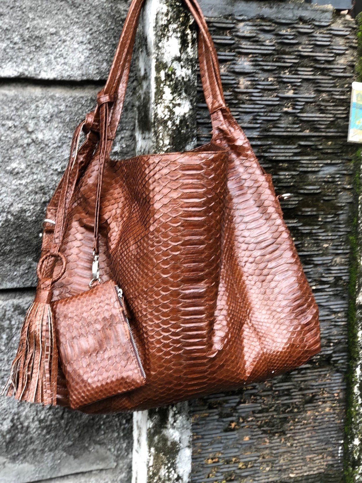 Big Soft Hobo Genuine Python Skin Polished Brown Bag — Red
