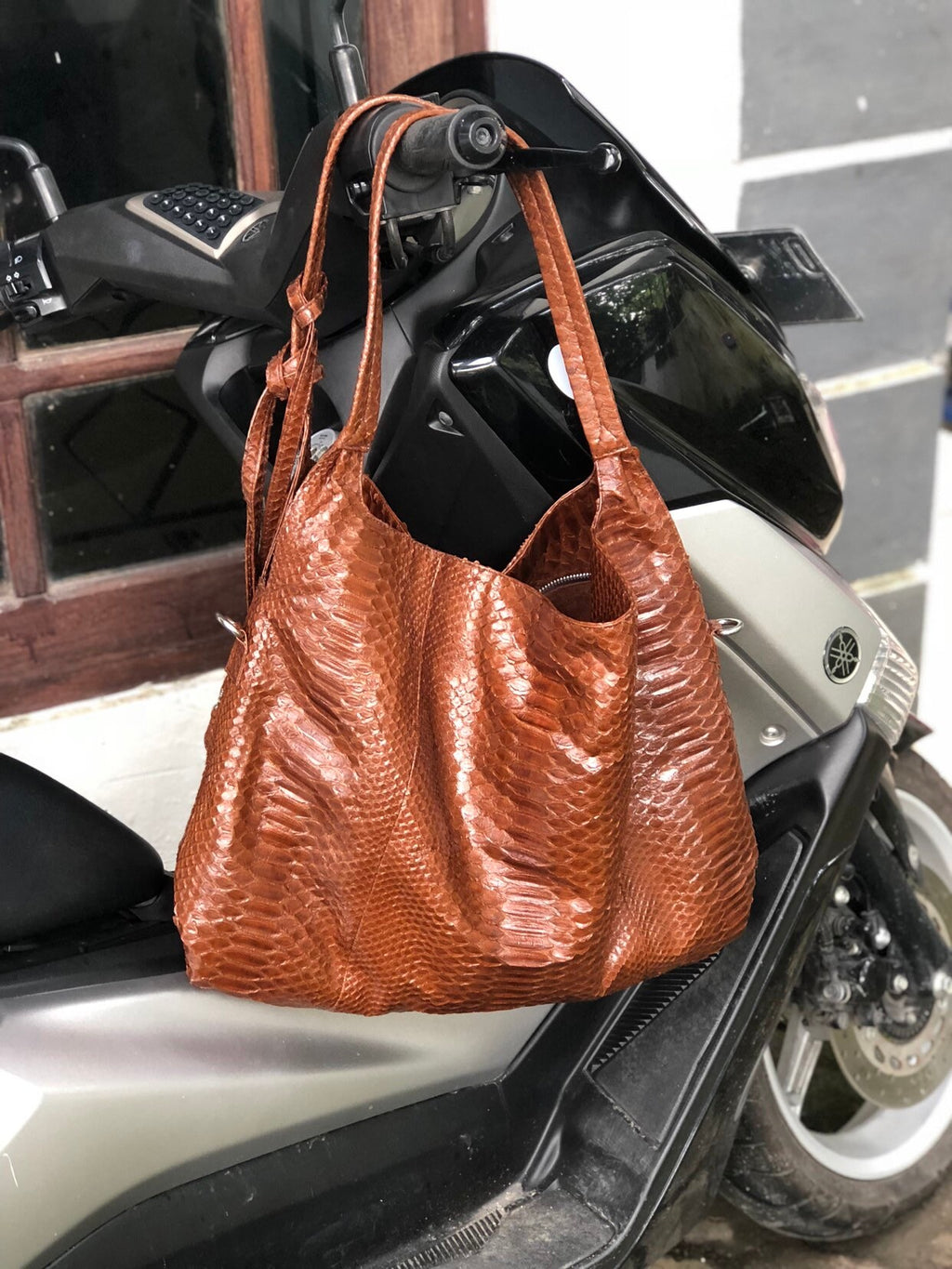 Big Soft Hobo Python Skin Polished Bag — Brown