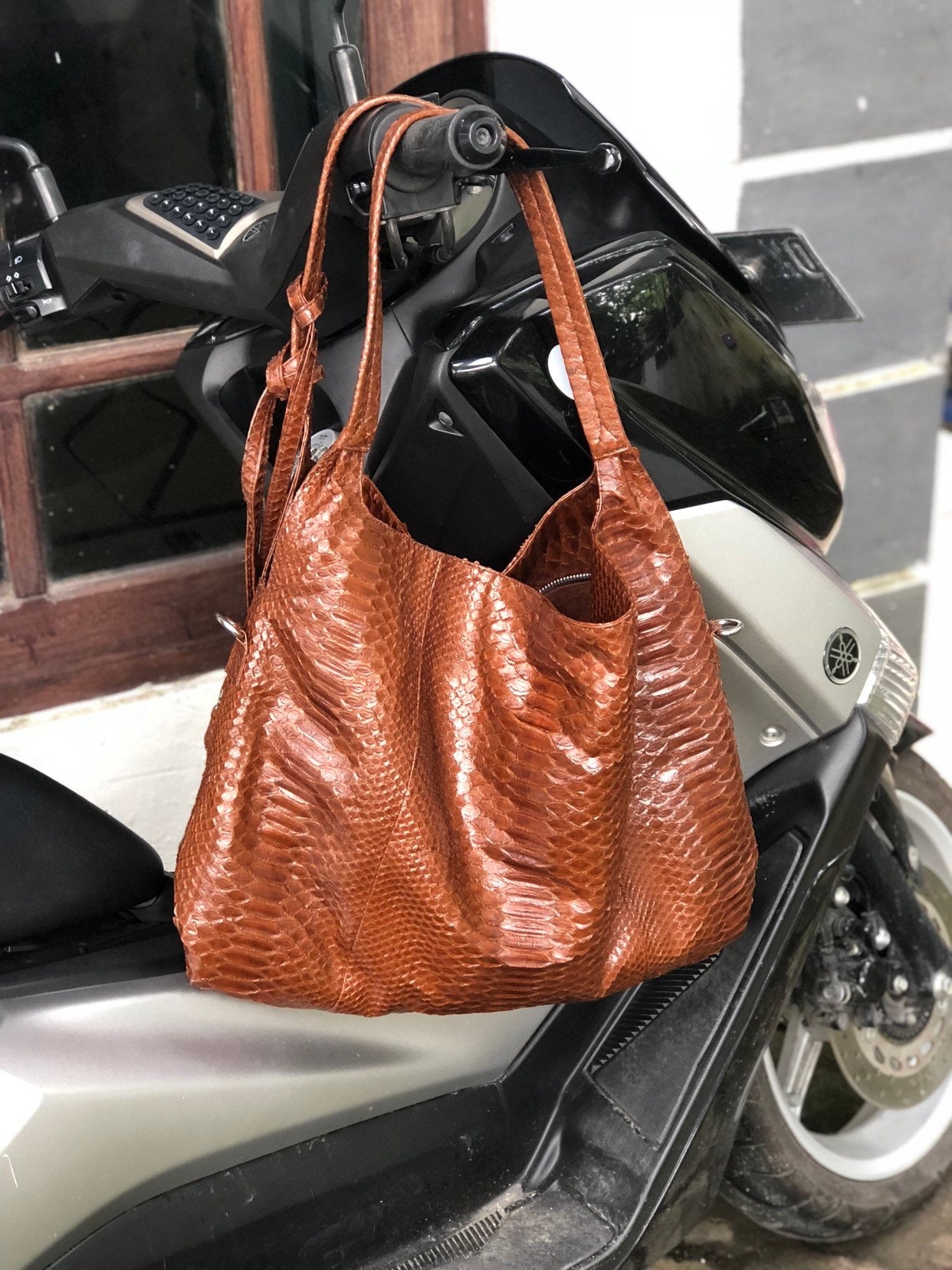 Big Soft Hobo Genuine Python Skin Polished Brown Bag — Red