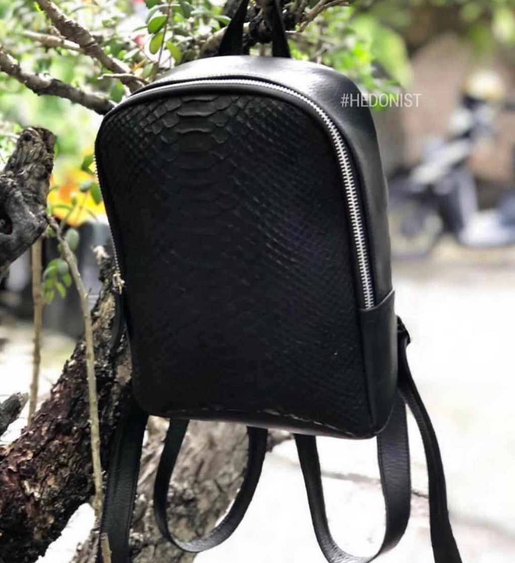 Genuine Python Skin Leather Backpack — Black
