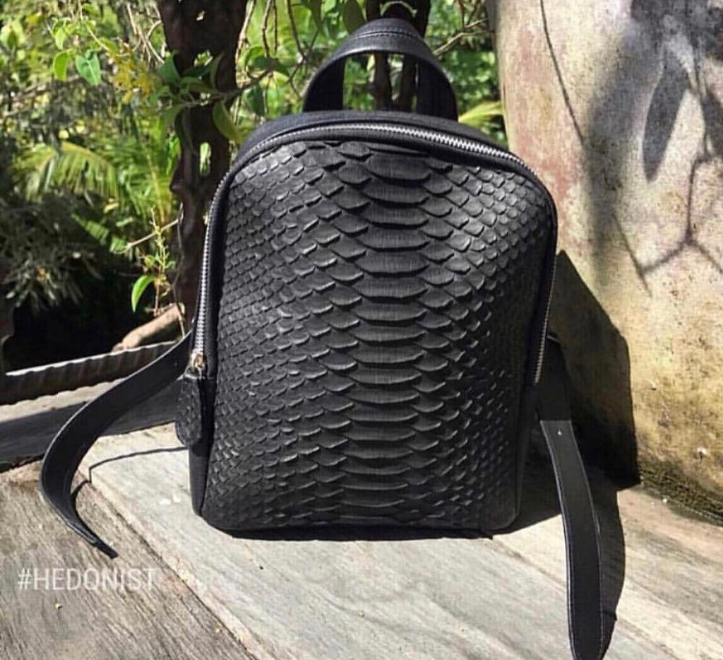 Genuine Python Skin Leather Backpack — Black