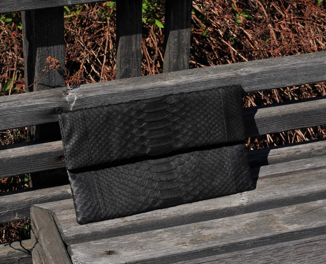 Genuine Python Skin Envelope Clutch — Black