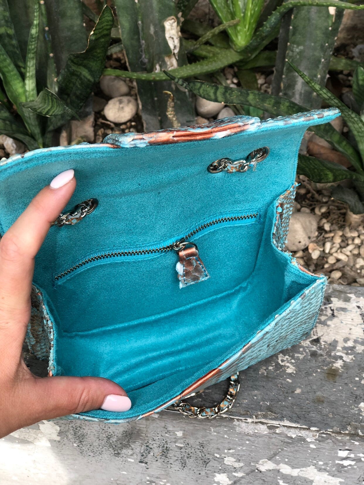 Small Shiny Genuine Python Skin Crossbody Bag — Blue