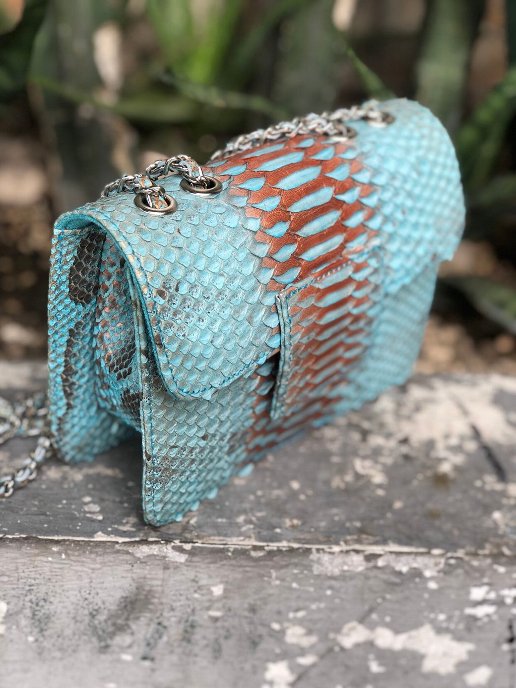 Small Shiny Genuine Python Skin Crossbody Bag — Blue