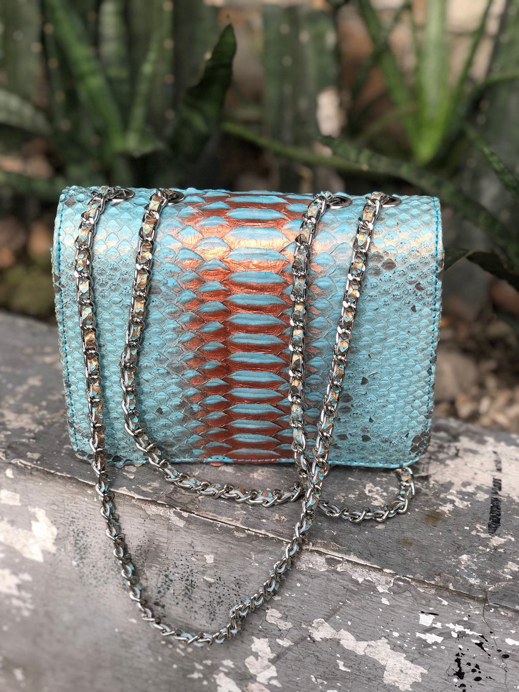 Small Shiny Genuine Python Skin Crossbody Bag — Blue