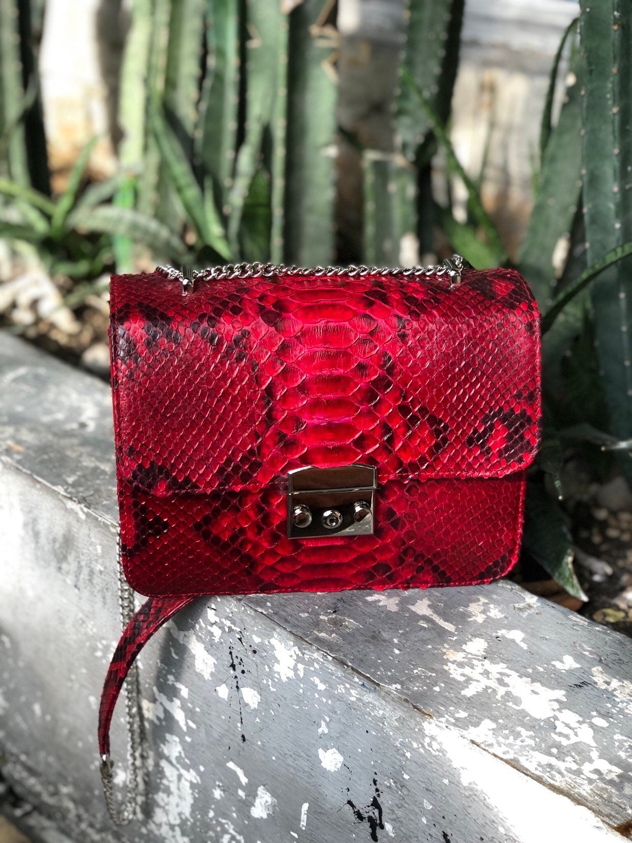 Red Genuine Python Skin Bag Purse  Chain Crossbody