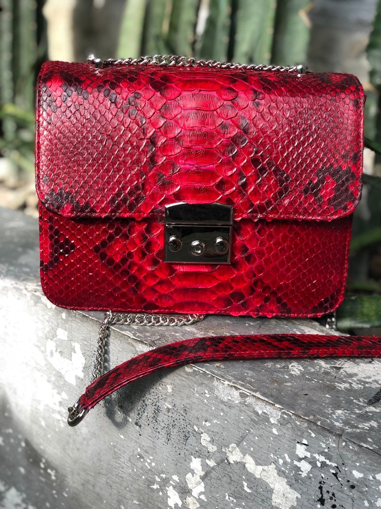 Red Genuine Python Skin Bag Purse  Chain Crossbody