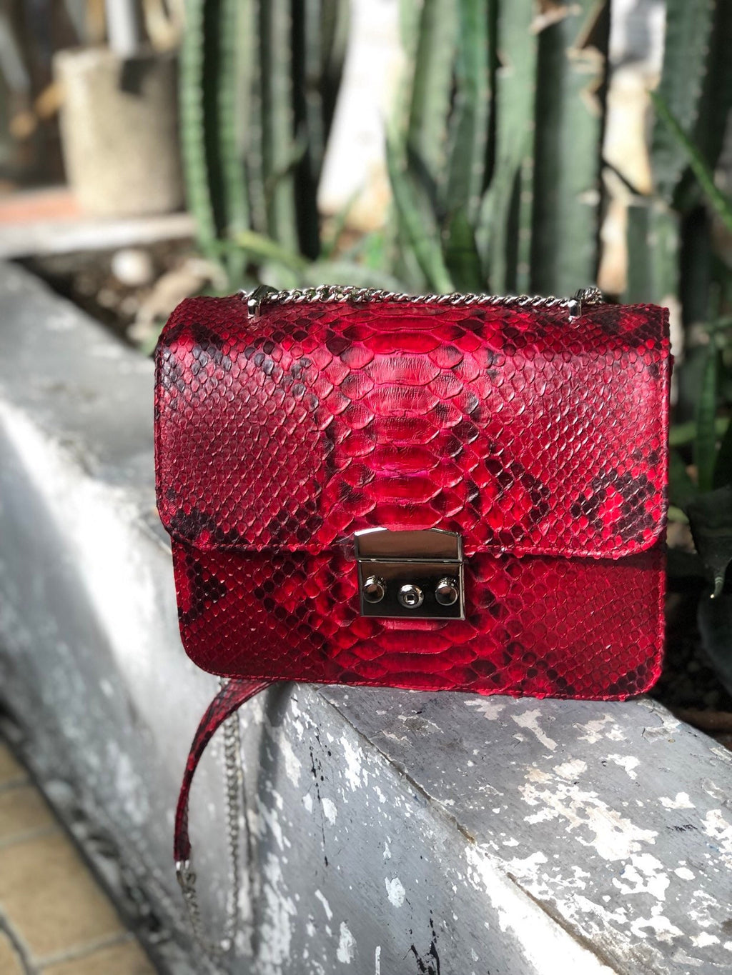 Red Genuine Python Skin Bag Purse  Chain Crossbody