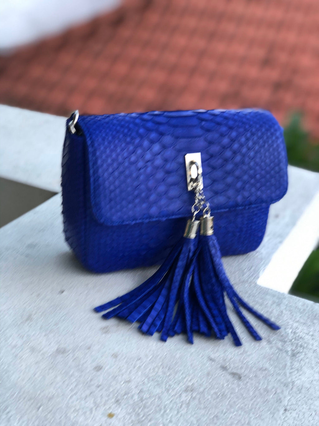 Genuine Python Skin Tassel Bag — Electric Blue