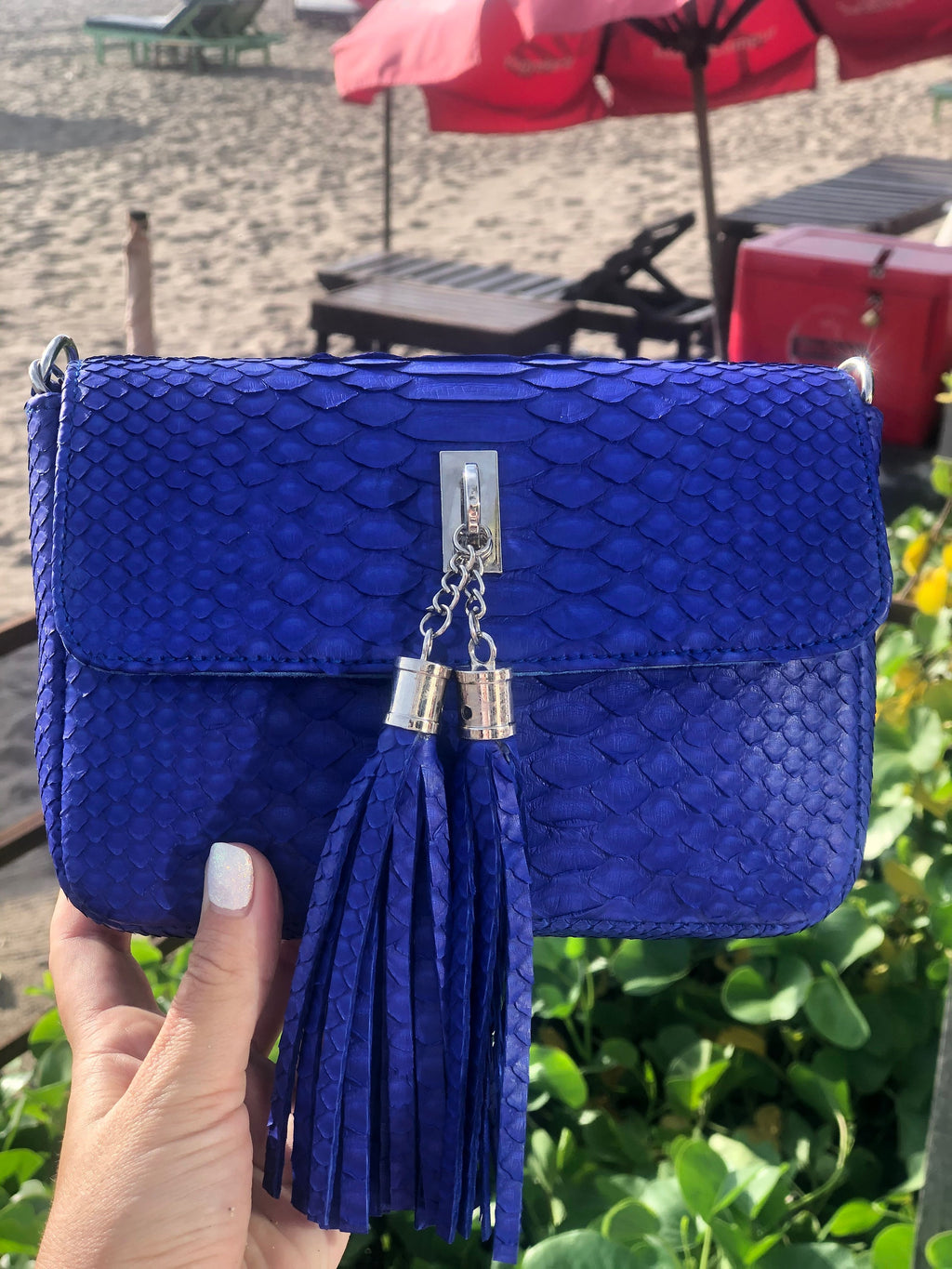 Genuine Python Skin Tassel Bag — Electric Blue