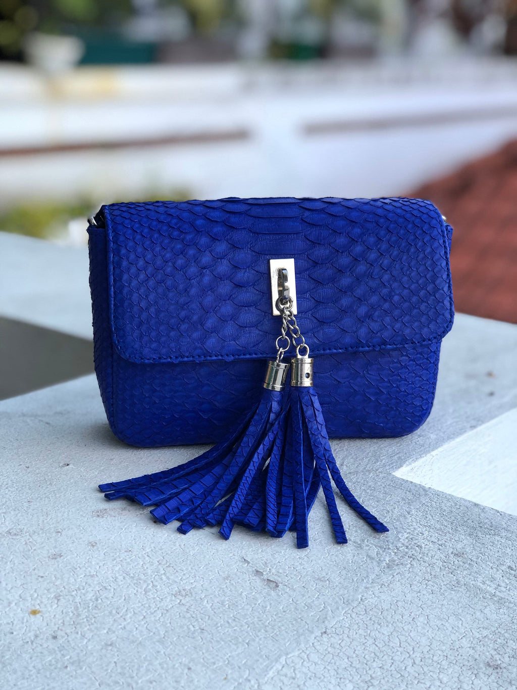 Genuine Python Skin Tassel Bag — Electric Blue