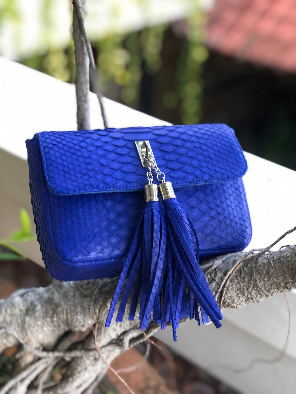 Genuine Python Skin Tassel Bag — Electric Blue