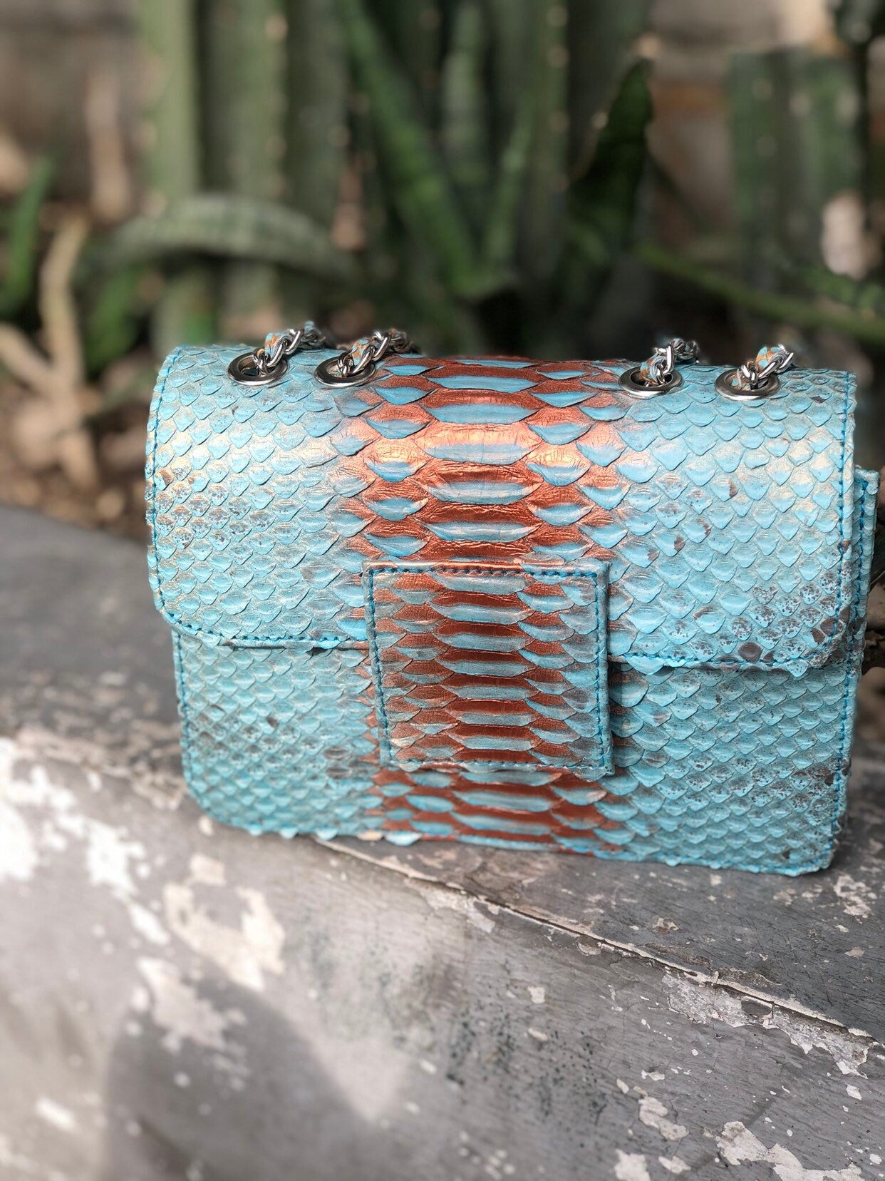 Small Shiny Genuine Python Skin Crossbody Bag — Blue
