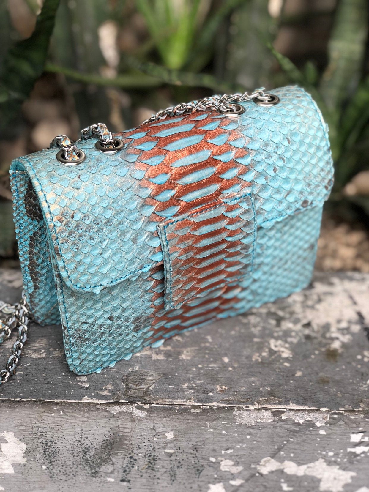 Small Shiny Genuine Python Skin Crossbody Bag — Blue