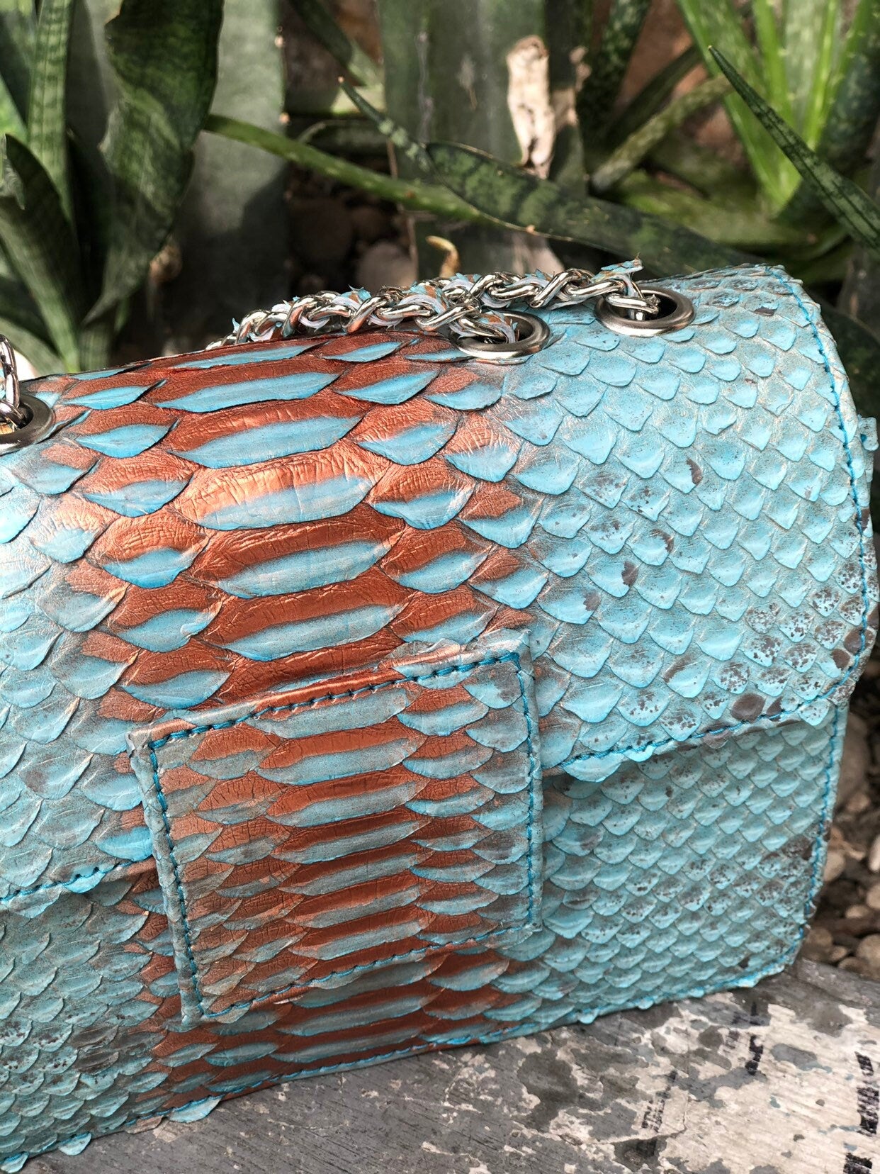 Small Shiny Genuine Python Skin Crossbody Bag — Blue