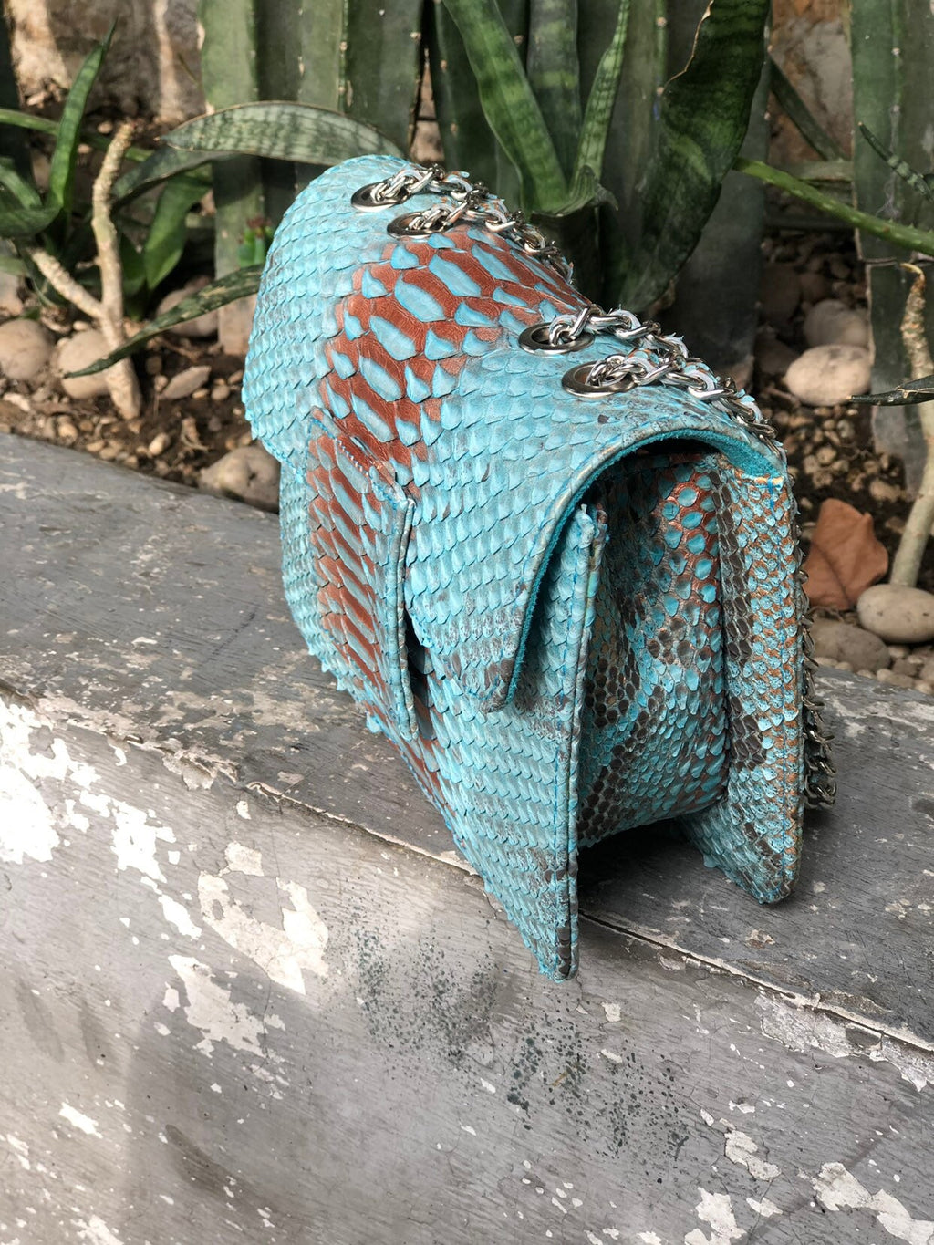 Small Shiny Genuine Python Skin Crossbody Bag — Blue