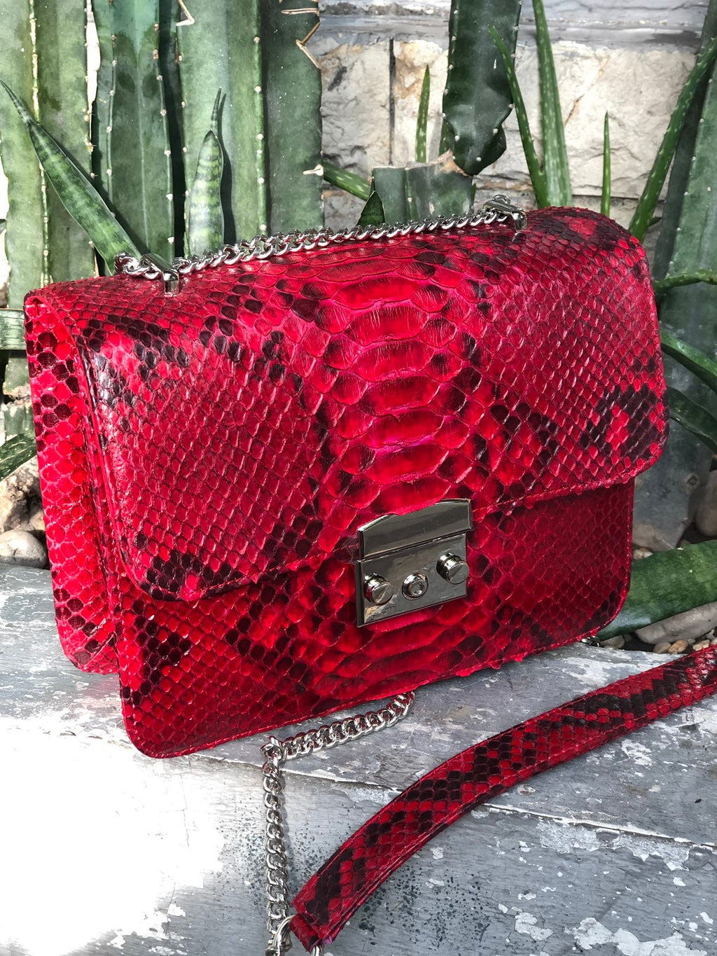 Red Genuine Python Skin Bag Purse  Chain Crossbody