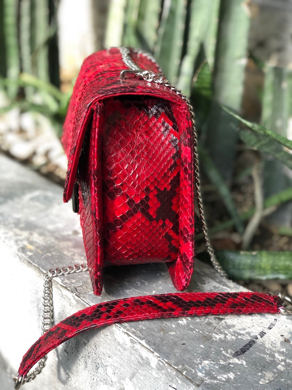 Red Genuine Python Skin Bag Purse  Chain Crossbody