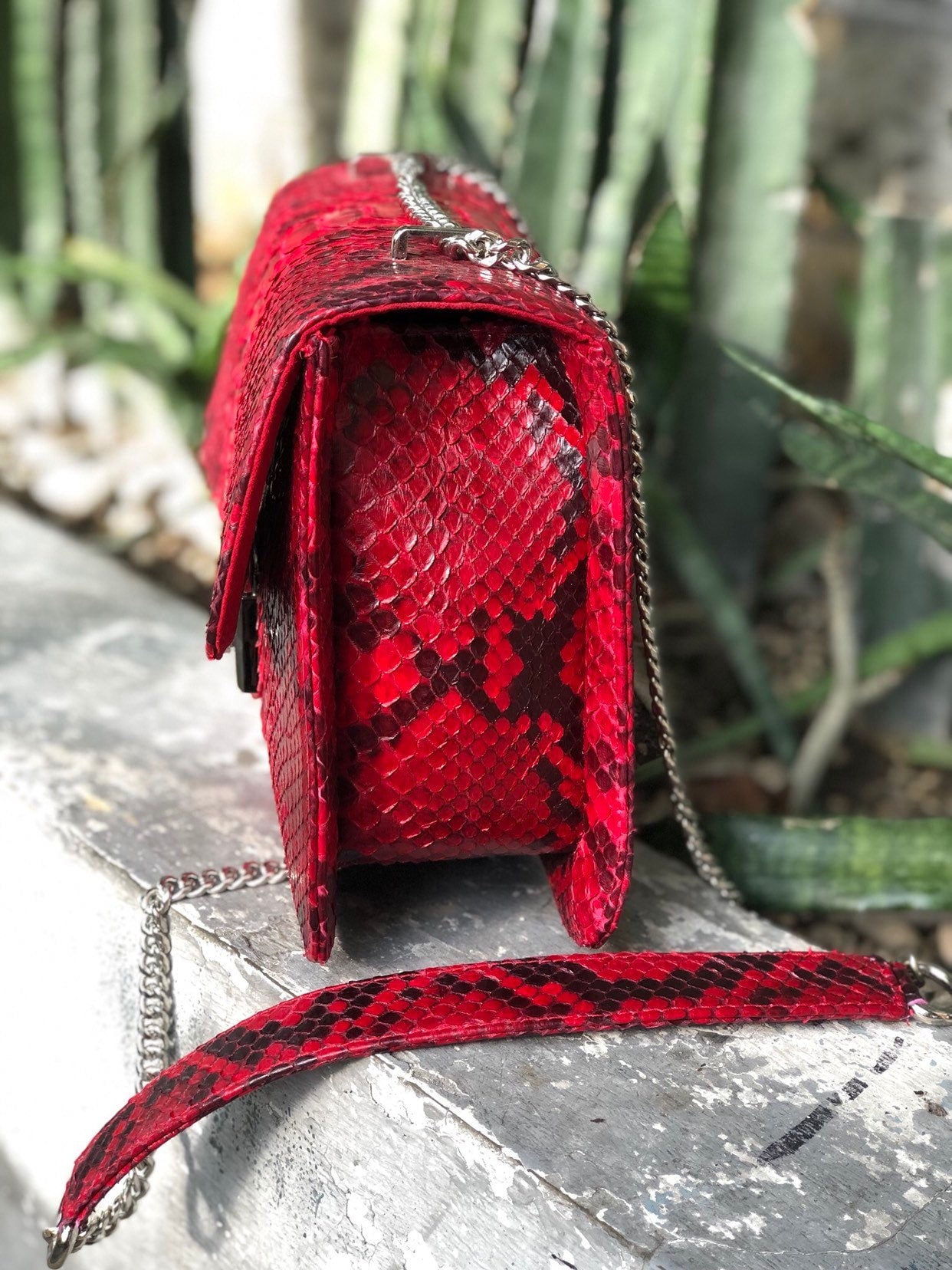 Red Genuine Python Skin Bag Purse  Chain Crossbody