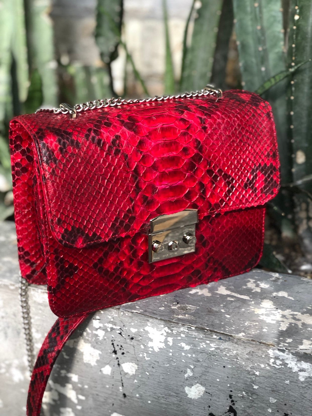 Red Genuine Python Skin Bag Purse  Chain Crossbody