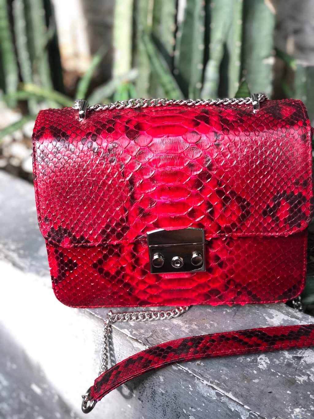 Red Genuine Python Skin Bag Purse  Chain Crossbody