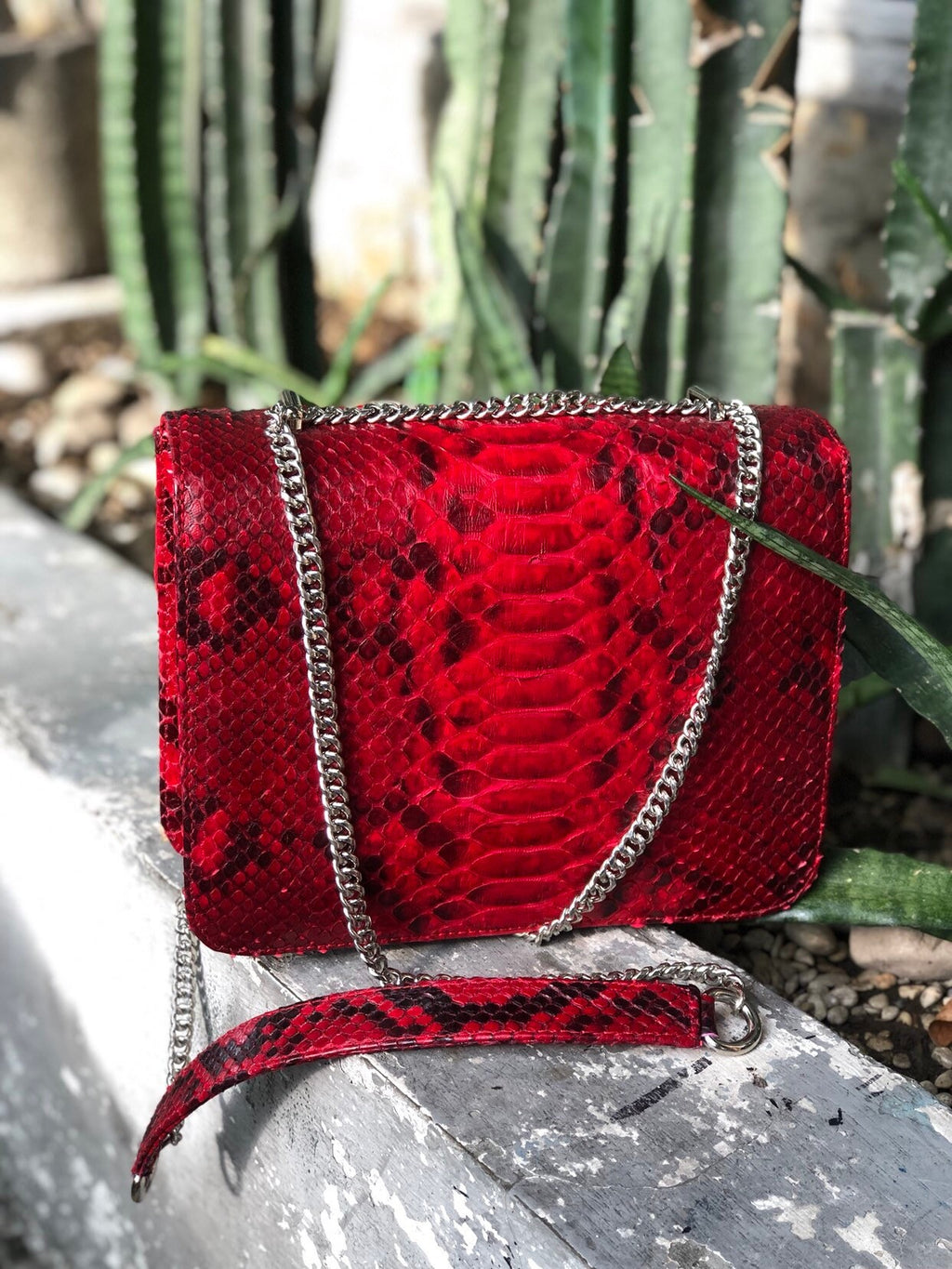 Red Genuine Python Skin Bag Purse  Chain Crossbody
