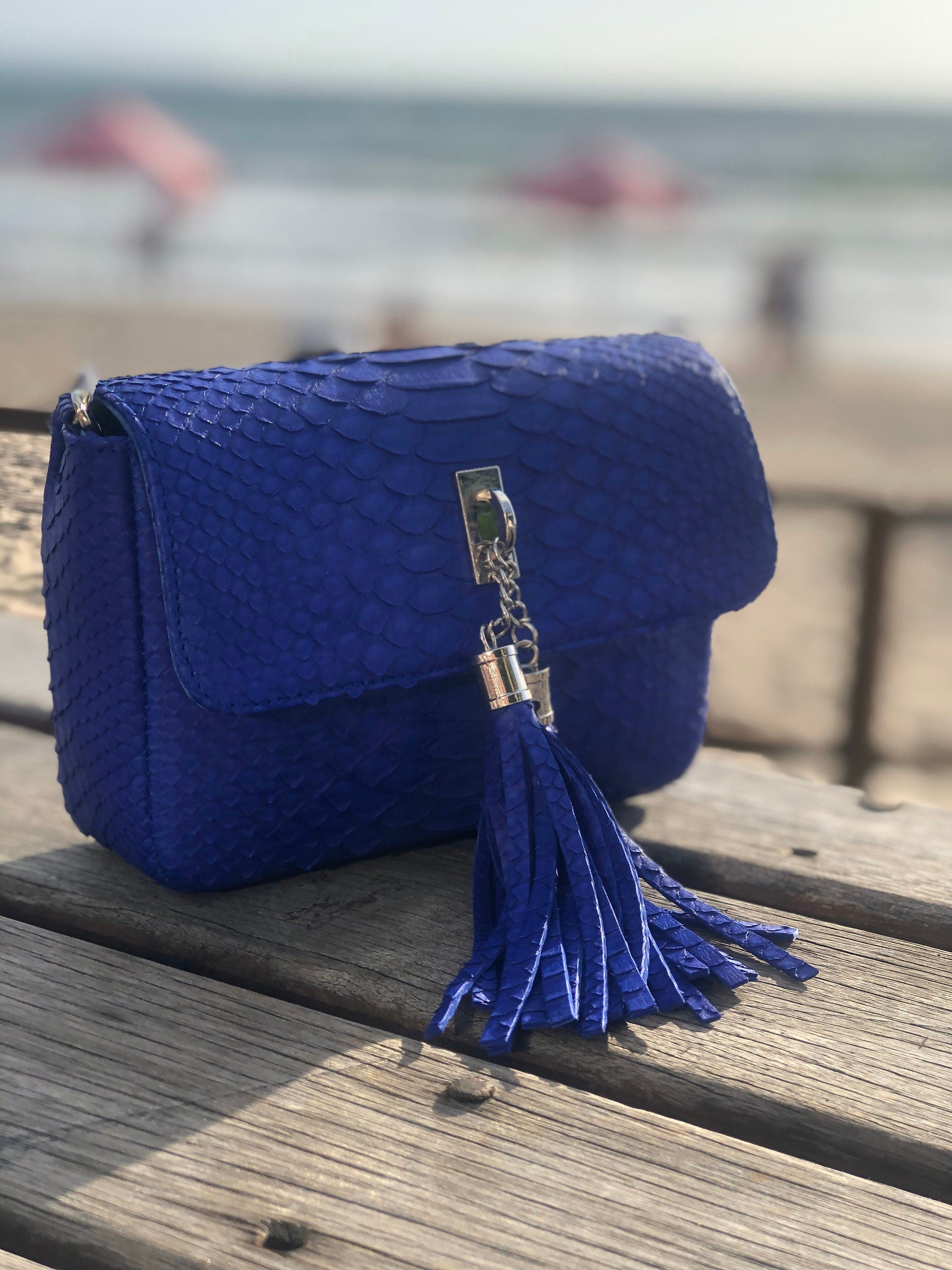 Genuine Python Skin Tassel Bag — Electric Blue