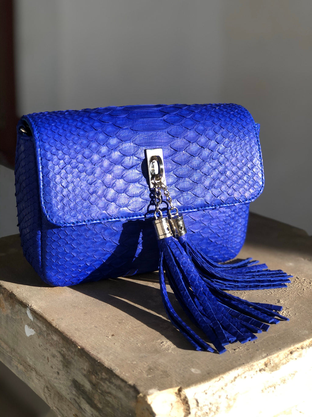Genuine Python Skin Tassel Bag — Electric Blue