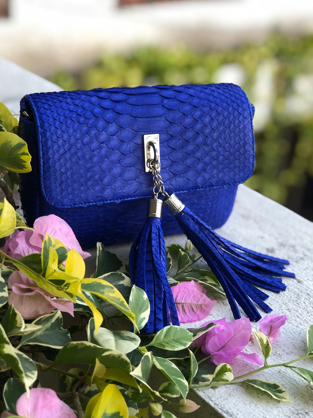 Genuine Python Skin Tassel Bag — Electric Blue