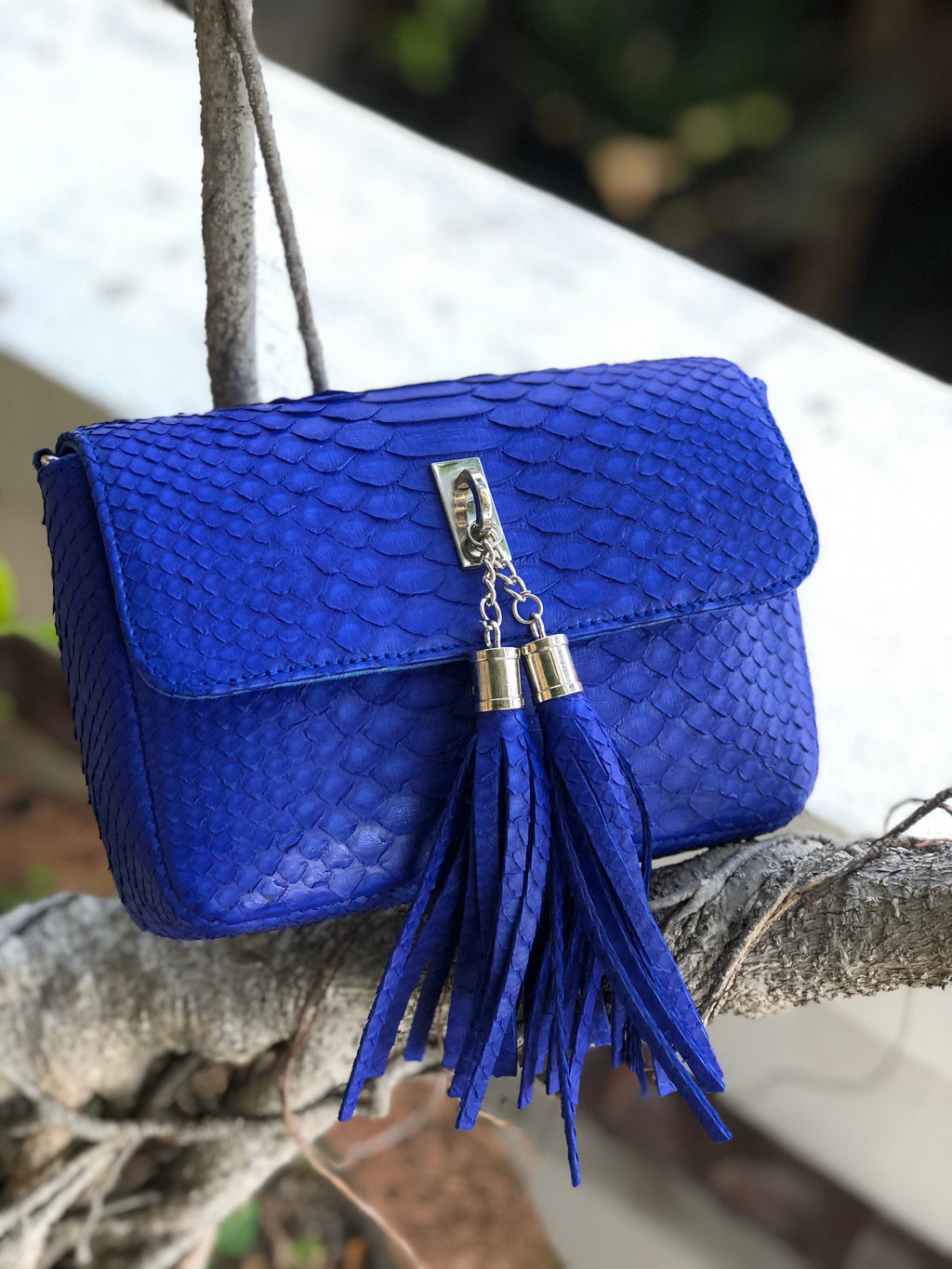 Genuine Python Skin Tassel Bag — Electric Blue