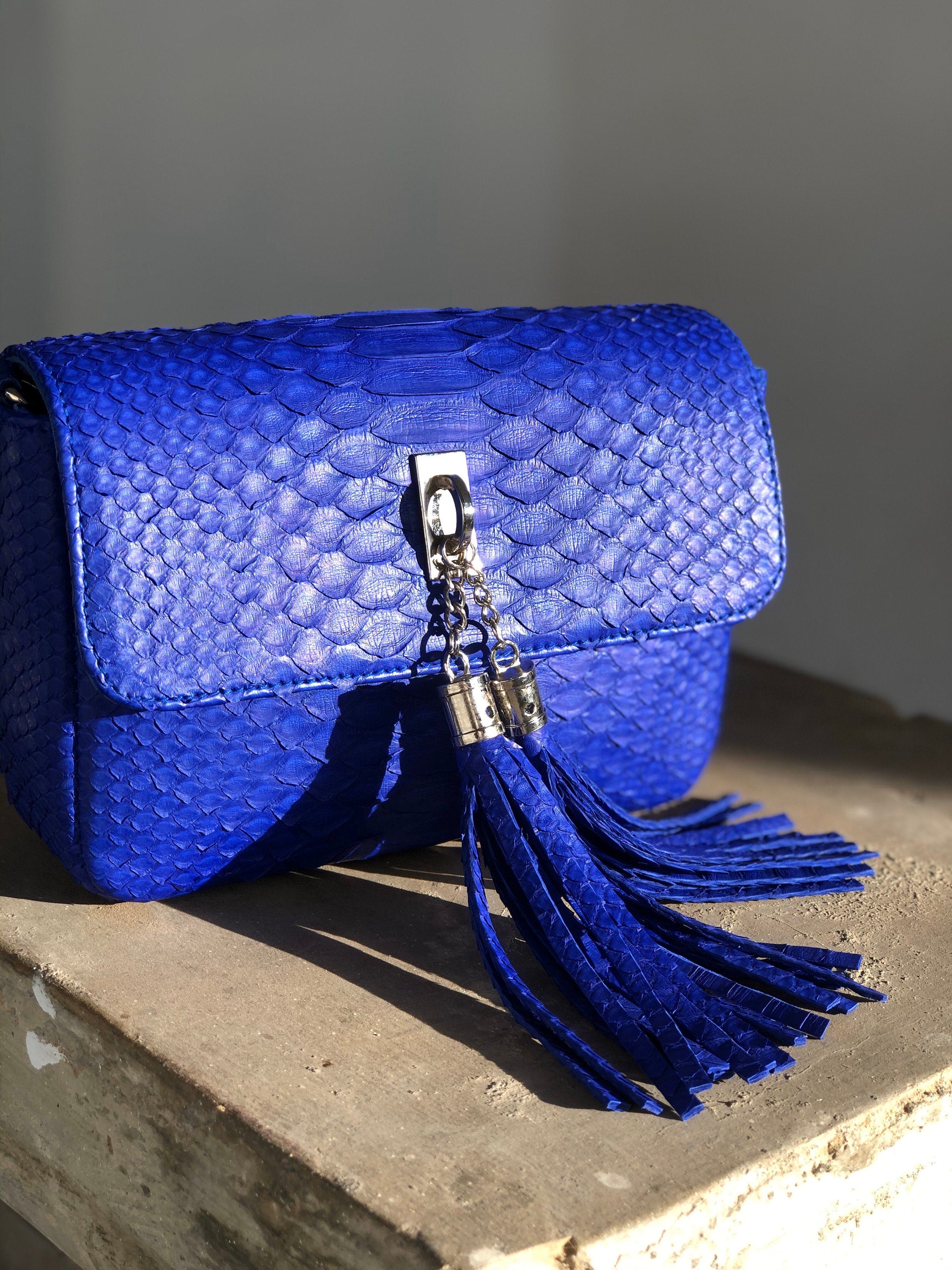 Genuine Python Skin Tassel Bag — Electric Blue