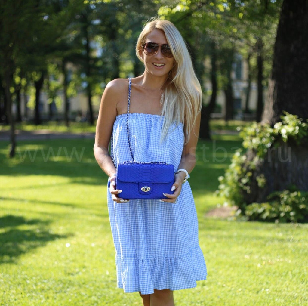 Genuine Python Skin Chain Crossbody Bag — Ultramarine Blue
