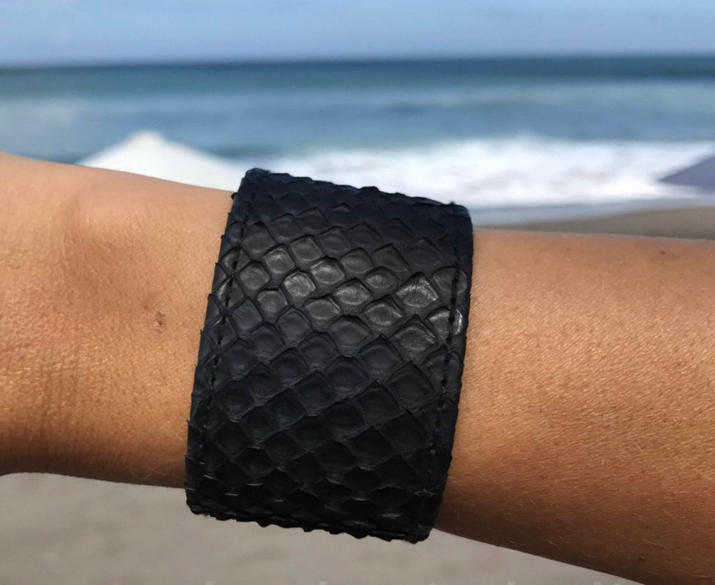 Black Python Skin Bracelet | Grunge Woman Bracelet | Exotic Leather Bracelet | Wide Leather Bracelet | Women Jewerly | Snake Skin Bracelet