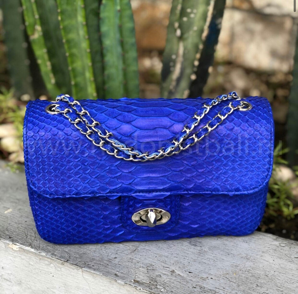 Genuine Python Skin Chain Crossbody Bag — Ultramarine Blue