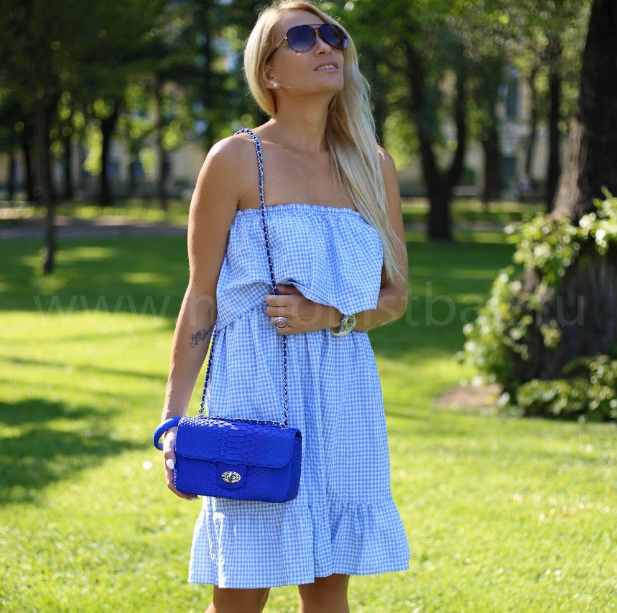 Genuine Python Skin Chain Crossbody Bag — Ultramarine Blue