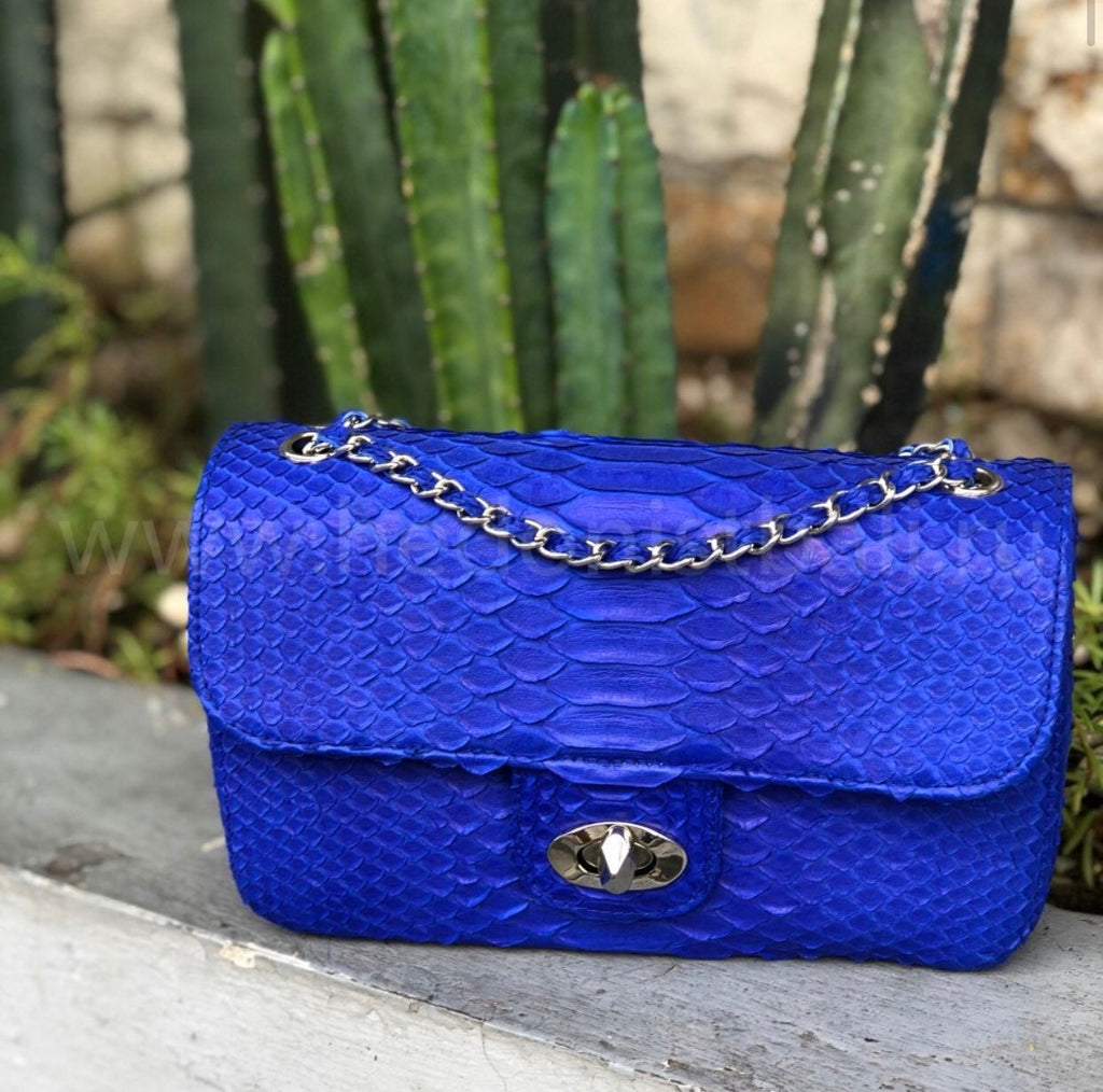 Genuine Python Skin Chain Crossbody Bag — Ultramarine Blue