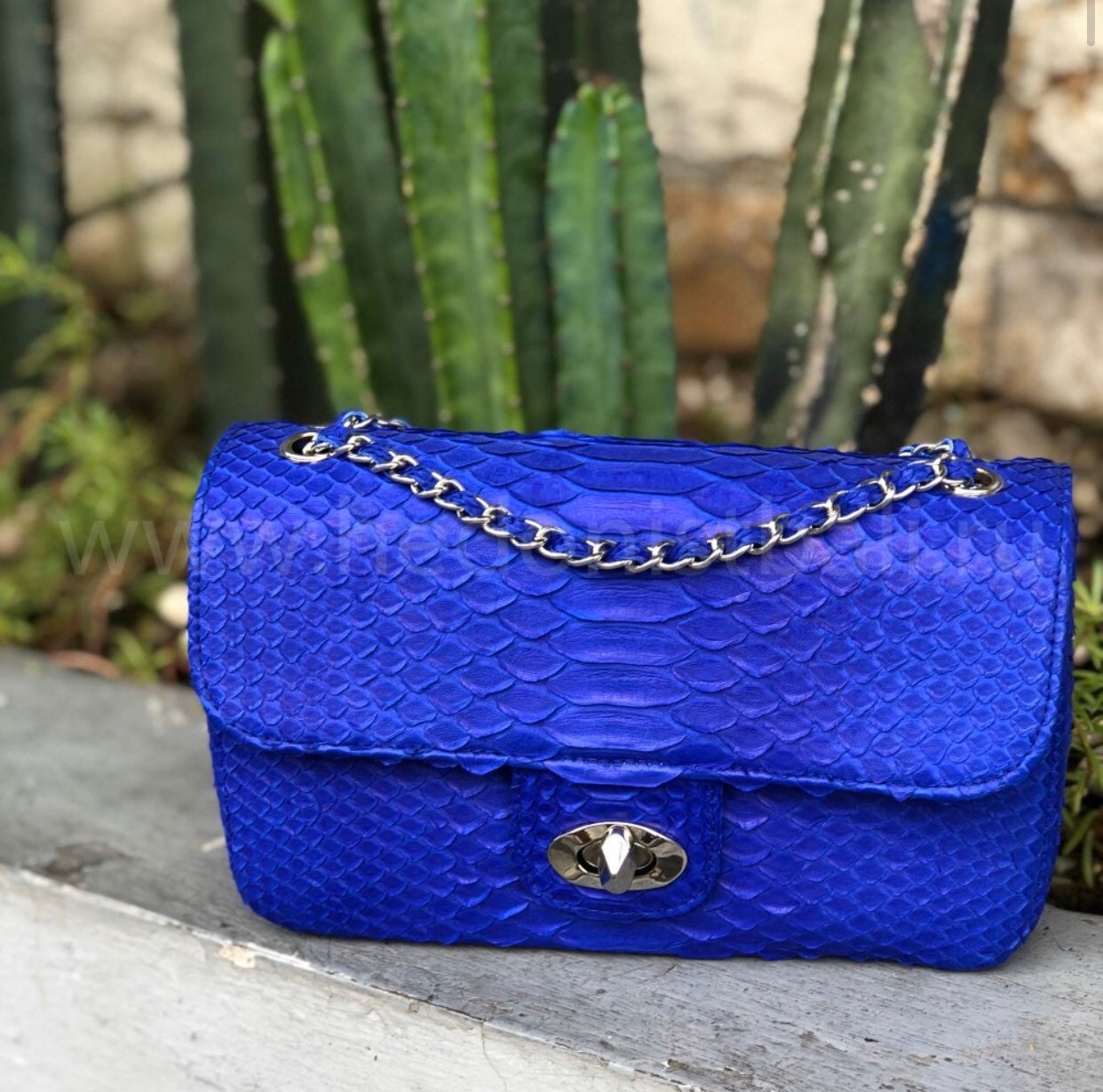 Genuine Python Skin Chain Crossbody Bag — Ultramarine Blue