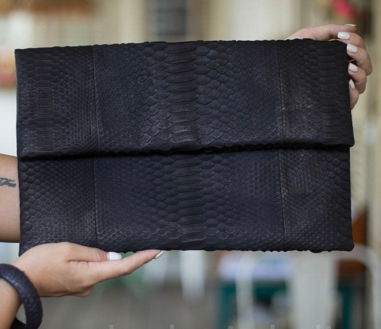 Big Black Envelope Genuine Python Skin Clutch | Exotic Leather Bag | Apple Macbook Air Lethaer Case | Large Unisex Snake Handmade Clutch