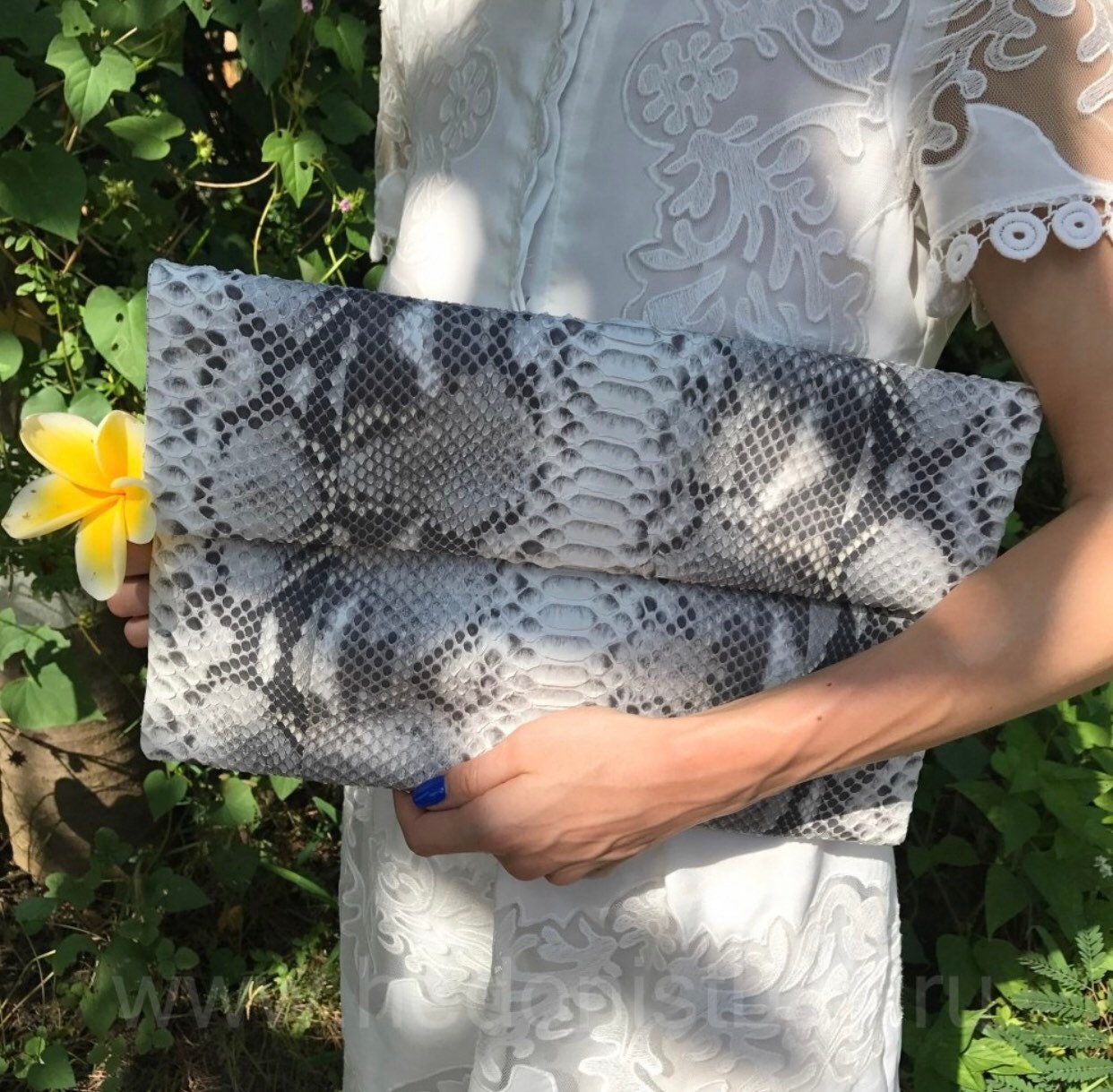 Genuine Python Skin Envelope Clutch — Gray