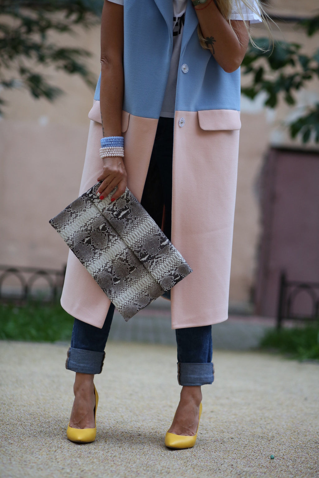 Genuine Python Skin Envelope Clutch — Gray