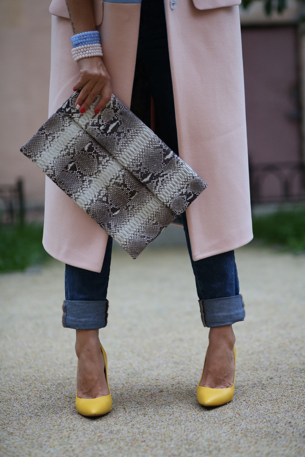 Genuine Python Skin Envelope Clutch — Gray