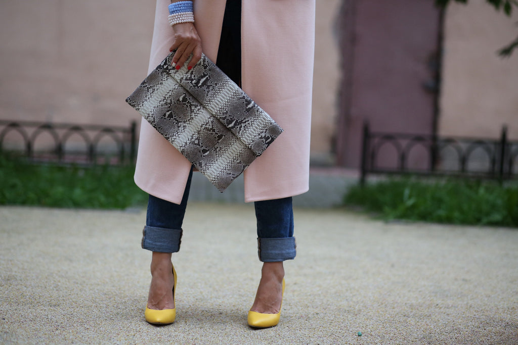 Genuine Python Skin Envelope Clutch — Gray