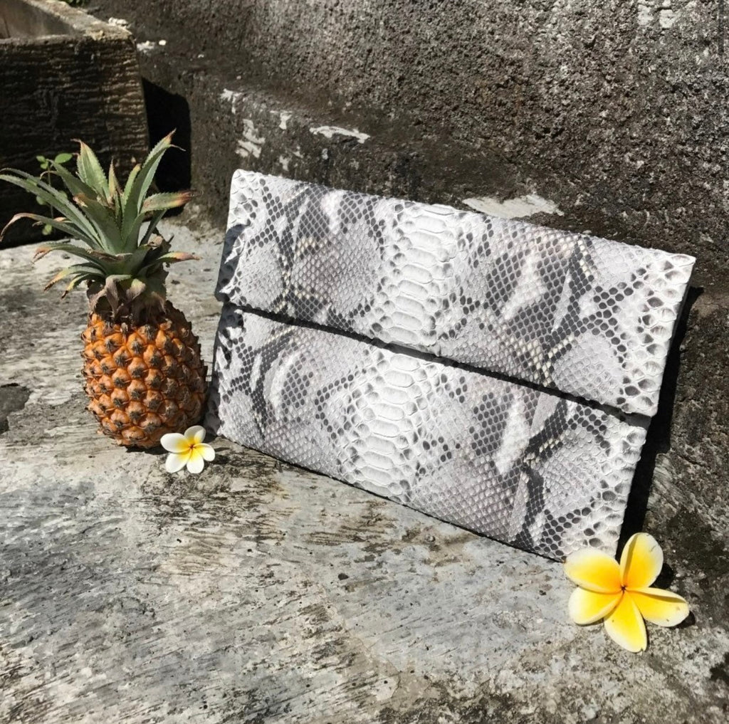 Genuine Python Skin Envelope Clutch — Gray