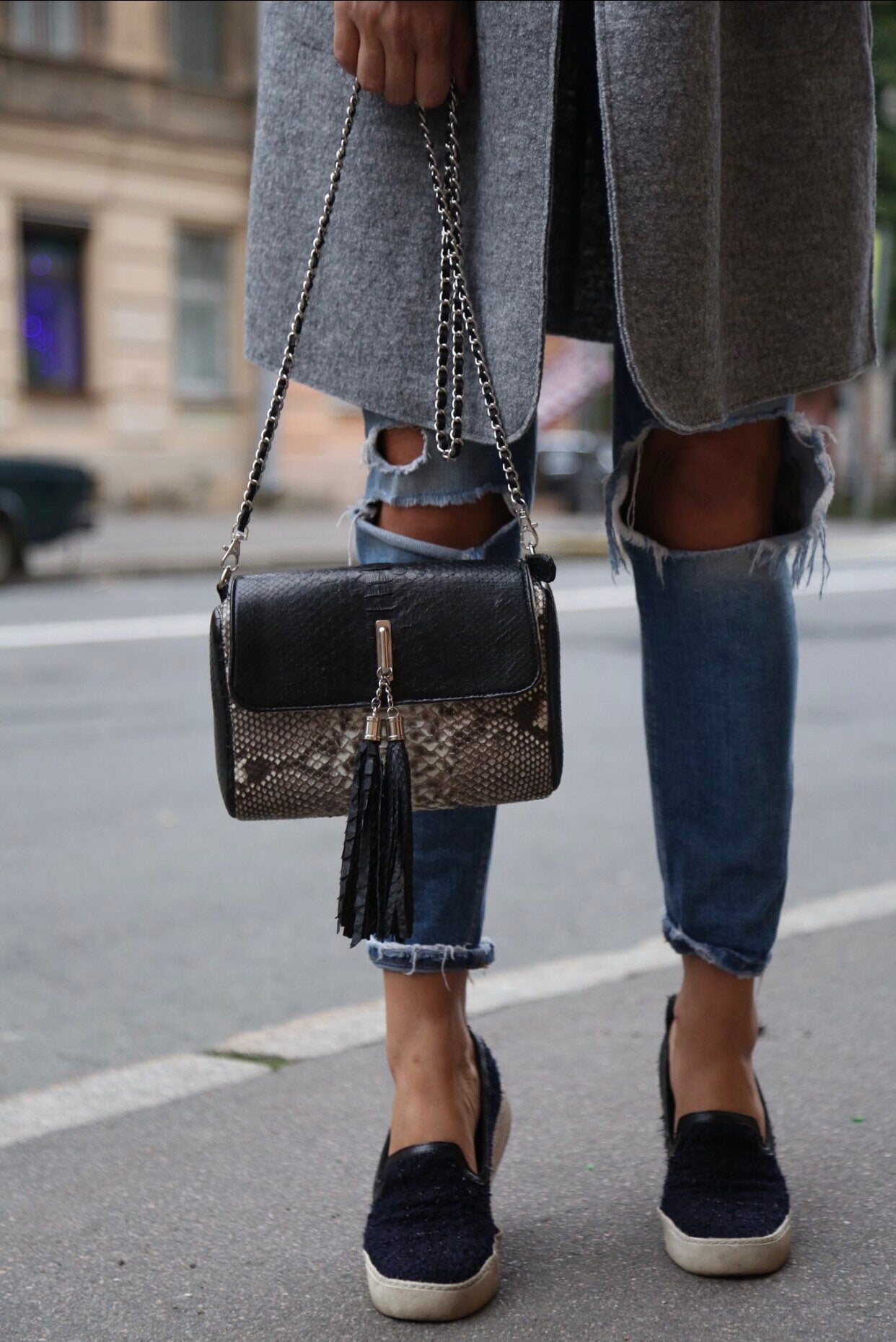 Genuine Python Skin Chain Tassel Bag — Black & Gray