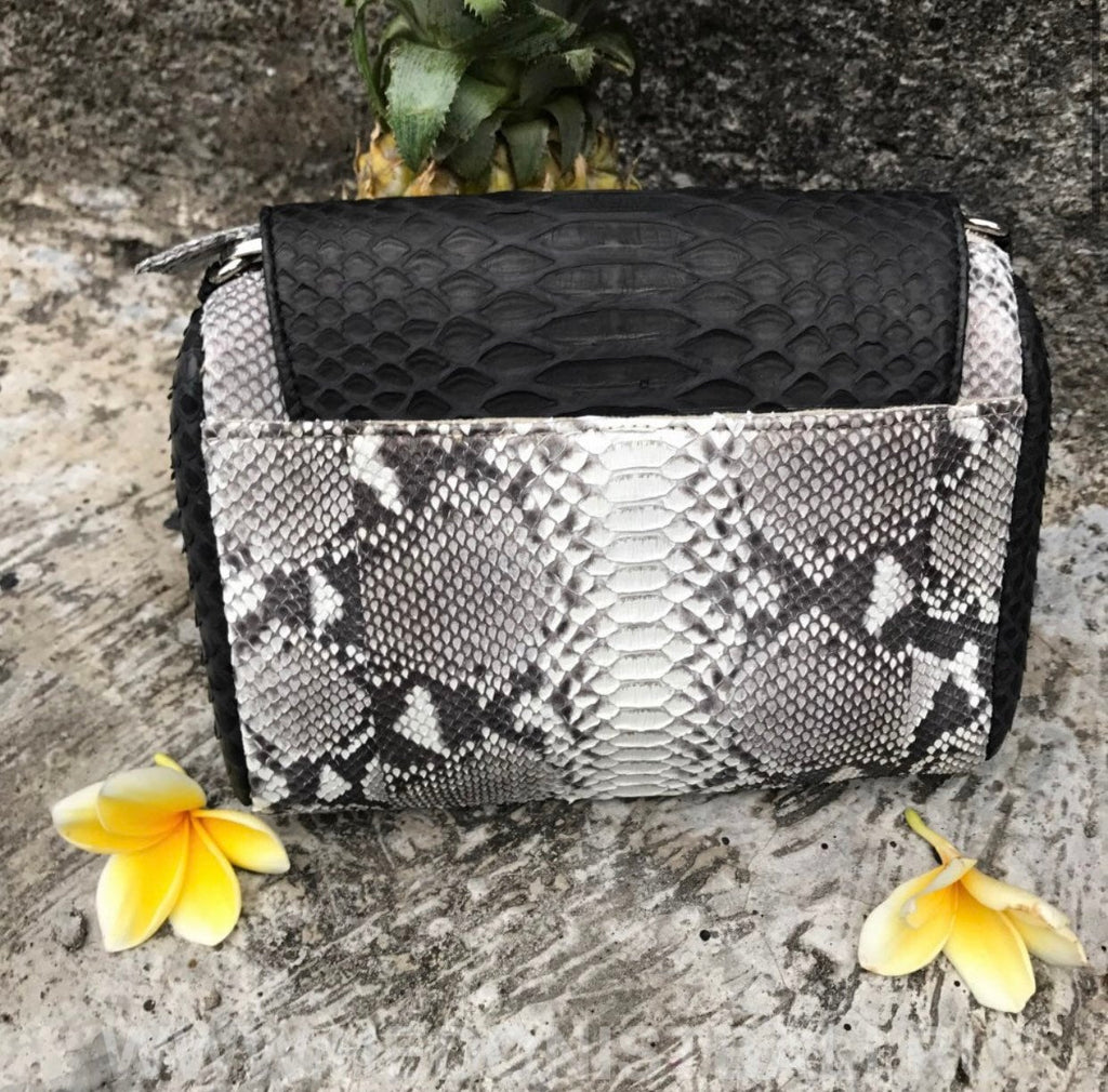 Genuine Python Skin Chain Tassel Bag — Black & Gray